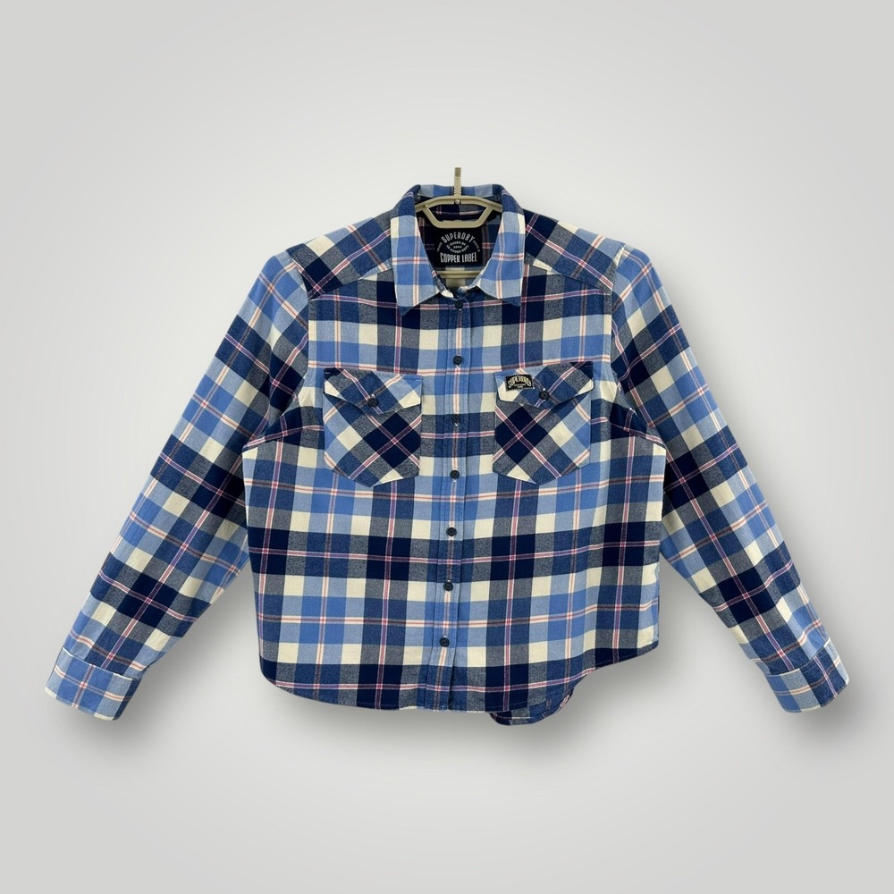 Superdry Copper Label Shirt‎ Womens 12 Blue Plaid Flannel Button Front Cotton